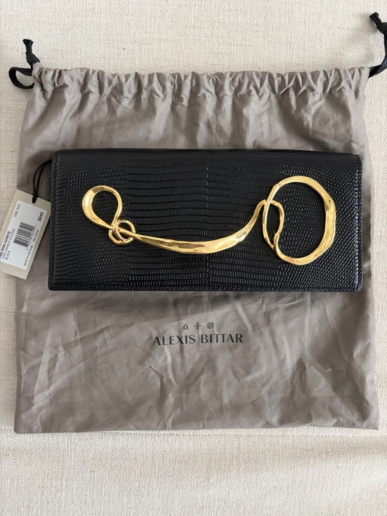 Alexis Bittar Handbags - NWT Alexis Bittar Clutch | Black Lizard-Embossed Purse with Gold Metal Twist